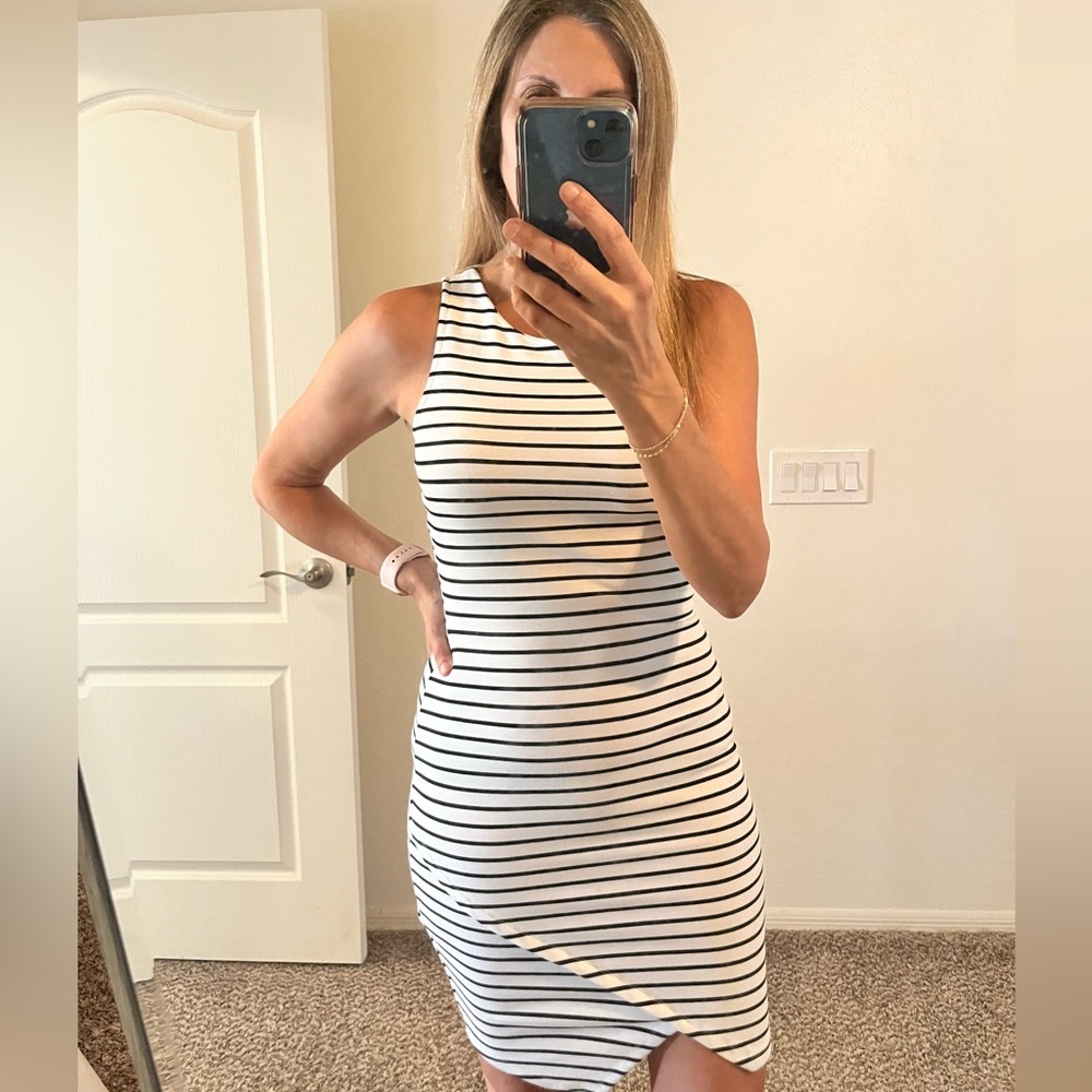 White and black striped body con dress